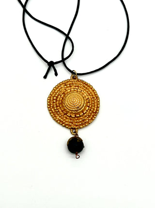 Todd Oldham Fall 1993 Vintage 24kt Gold-Plated Swirl Bugle Beaded Medallion Necklace on Black Silk Cord with Dark Wood Bead