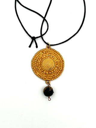 Todd Oldham Fall 1993 Vintage 24kt Gold-Plated Swirl Bugle Beaded Medallion Necklace on Black Silk Cord with Dark Wood Bead
