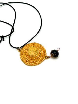 Todd Oldham Fall 1993 Vintage 24kt Gold-Plated Swirl Bugle Beaded Medallion Necklace on Black Silk Cord with Dark Wood Bead