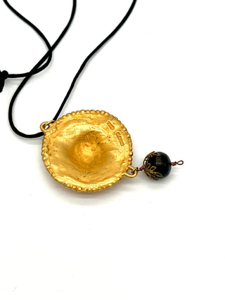 Todd Oldham Fall 1993 Vintage 24kt Gold-Plated Swirl Bugle Beaded Medallion Necklace on Black Silk Cord with Dark Wood Bead