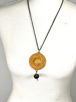 Todd Oldham Fall 1993 Vintage 24kt Gold-Plated Swirl Bugle Beaded Medallion Necklace on Black Silk Cord with Dark Wood Bead