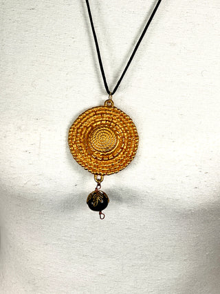 Todd Oldham Fall 1993 Vintage 24kt Gold-Plated Swirl Bugle Beaded Medallion Necklace on Black Silk Cord with Dark Wood Bead