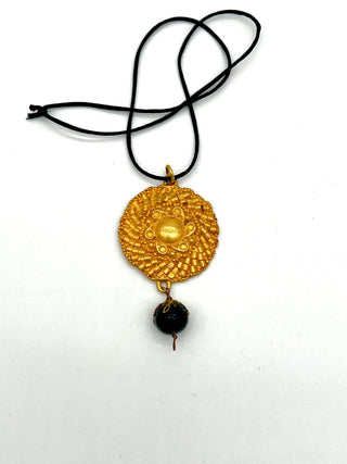 Todd Oldham Fall 1993 Vintage 24kt Gold-Plated Dome Center Beaded Medallion Necklace on Black Silk Cord with Dark Wood Bead