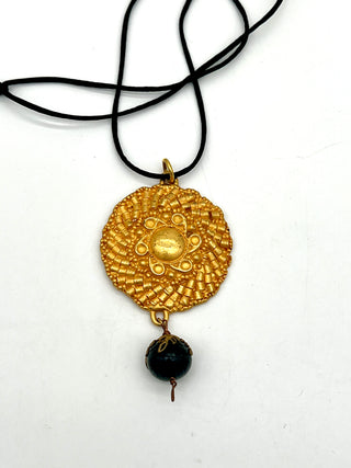 Todd Oldham Fall 1993 Vintage 24kt Gold-Plated Dome Center Beaded Medallion Necklace on Black Silk Cord with Dark Wood Bead