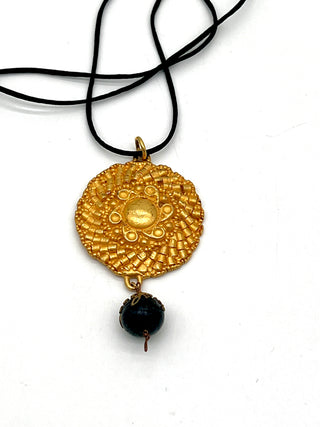Todd Oldham Fall 1993 Vintage 24kt Gold-Plated Dome Center Beaded Medallion Necklace on Black Silk Cord with Dark Wood Bead