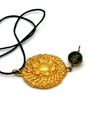 Todd Oldham Fall 1993 Vintage 24kt Gold-Plated Dome Center Beaded Medallion Necklace on Black Silk Cord with Dark Wood Bead