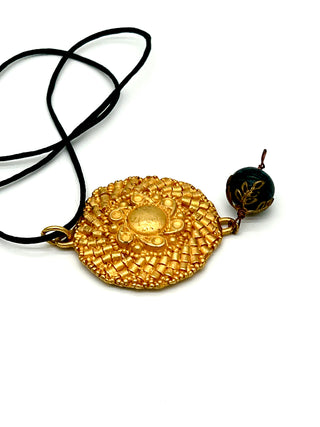 Todd Oldham Fall 1993 Vintage 24kt Gold-Plated Dome Center Beaded Medallion Necklace on Black Silk Cord with Dark Wood Bead