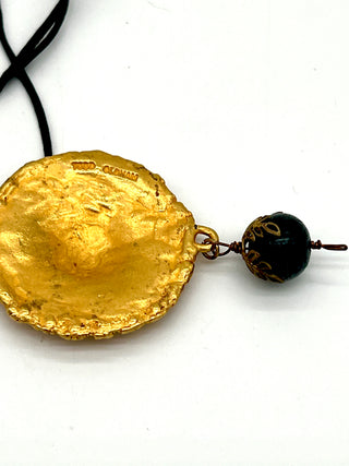 Todd Oldham Fall 1993 Vintage 24kt Gold-Plated Dome Center Beaded Medallion Necklace on Black Silk Cord with Dark Wood Bead