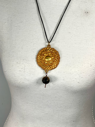 Todd Oldham Fall 1993 Vintage 24kt Gold-Plated Dome Center Beaded Medallion Necklace on Black Silk Cord with Dark Wood Bead