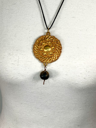 Todd Oldham Fall 1993 Vintage 24kt Gold-Plated Dome Center Beaded Medallion Necklace on Black Silk Cord with Dark Wood Bead