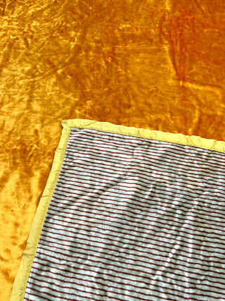 Todd Oldham Collections - Vintage Double-Sided Crushed Rayon Blanket — Bright Gold Plush & Brown/White Stripe Reverse