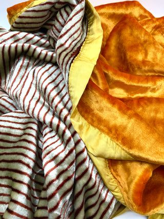Todd Oldham Collections - Vintage Double-Sided Crushed Rayon Blanket — Bright Gold Plush & Brown/White Stripe Reverse