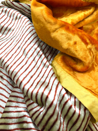 Todd Oldham Collections - Vintage Double-Sided Crushed Rayon Blanket — Bright Gold Plush & Brown/White Stripe Reverse