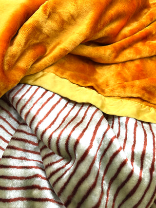 Todd Oldham Collections - Vintage Double-Sided Crushed Rayon Blanket — Bright Gold Plush & Brown/White Stripe Reverse