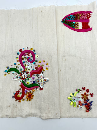 Todd Oldham Studio Colorful Hand-Embellished Off White Slub Silk Textile Swatch