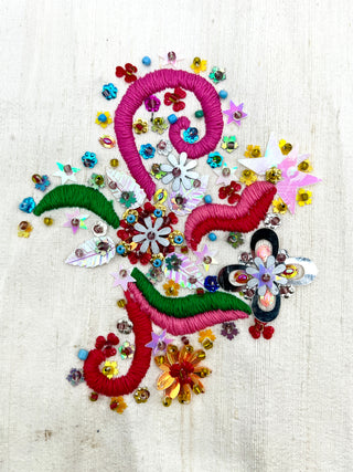 Todd Oldham Studio Colorful Hand-Embellished Off White Slub Silk Textile Swatch