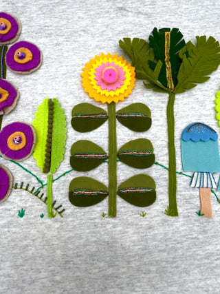Whimsical Mushroom and Flower Textile Sample for Appliqué and Patchwork