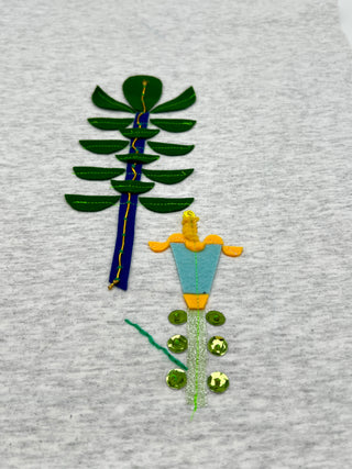 Todd Oldham Studio Stylized Lilly With Palm Frond Botanical Appliqué and Embroidery Swatch