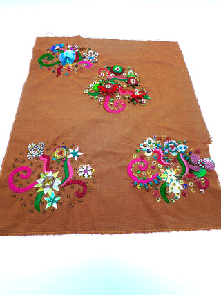 Orange Cotton Houndstooth with Large Colorful Hand Embroidery and Beaded Garden Motifs