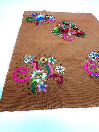 Orange Cotton Houndstooth with Large Colorful Hand Embroidery and Beaded Garden Motifs