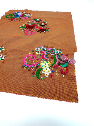 Orange Cotton Houndstooth with Large Colorful Hand Embroidery and Beaded Garden Motifs