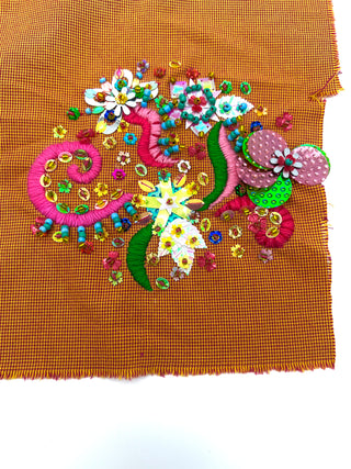 Orange Cotton Houndstooth with Large Colorful Hand Embroidery and Beaded Garden Motifs