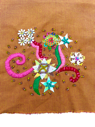 Orange Cotton Houndstooth with Large Colorful Hand Embroidery and Beaded Garden Motifs