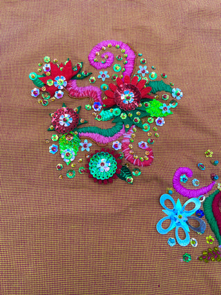 Orange Cotton Houndstooth with Large Colorful Hand Embroidery and Beaded Garden Motifs