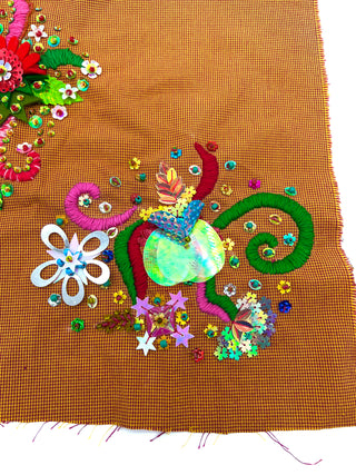 Orange Cotton Houndstooth with Large Colorful Hand Embroidery and Beaded Garden Motifs