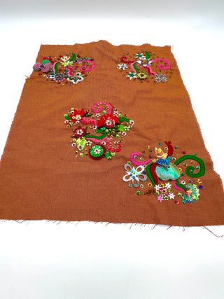 Orange Cotton Houndstooth with Large Colorful Hand Embroidery and Beaded Garden Motifs