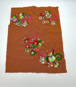 Orange Cotton Houndstooth with Large Colorful Hand Embroidery and Beaded Garden Motifs