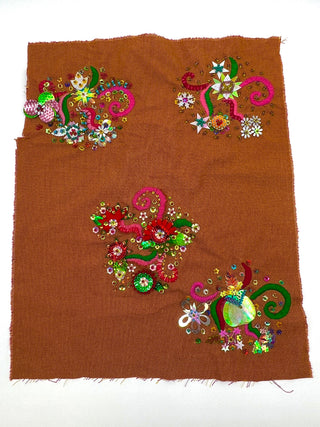 Orange Cotton Houndstooth with Large Colorful Hand Embroidery and Beaded Garden Motifs