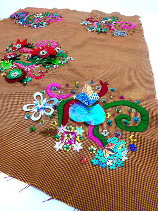 Orange Cotton Houndstooth with Large Colorful Hand Embroidery and Beaded Garden Motifs