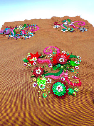 Orange Cotton Houndstooth with Large Colorful Hand Embroidery and Beaded Garden Motifs