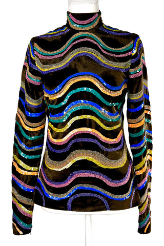 Fall 1997 Rainbow Stripe Sequin Faux Fur Turtle Neck