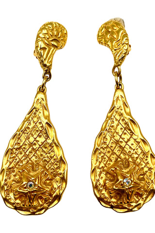 Fall 1993 Todd Oldham 24 kt Gold Plated Tear Drop Earrings With Star And Jewel