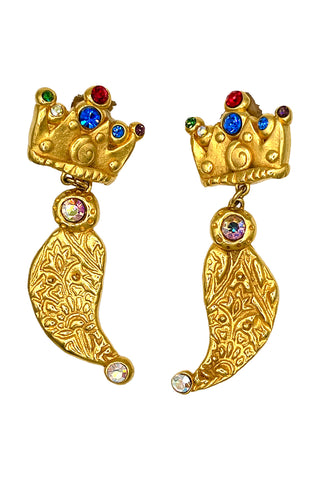 Fall 1993 Todd Oldham 24 kt Gold Plated Crown And Paisley Drop Earrings With Swarovski Crystals