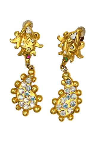 Fall 1993 Todd Oldham 24 kt Gold Plated Earrings Flame Top With Jewel Encrusted Paisley Drop
