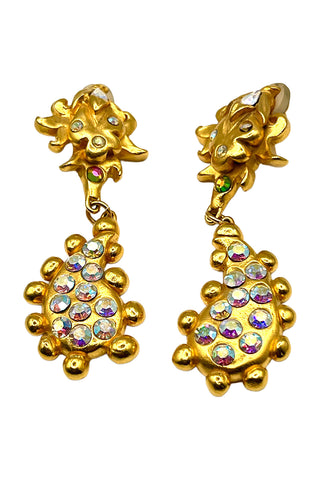 Fall 1993 Todd Oldham 24 kt Gold Plated Earrings Flame Top With Jewel Encrusted Paisley Drop
