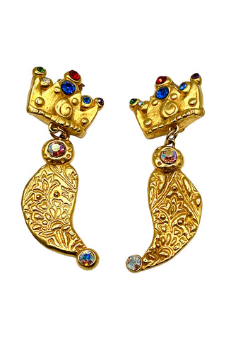 Fall 1993 Todd Oldham 24 kt Gold Plated Crown And Paisley Drop Earrings With Swarovski Crystals