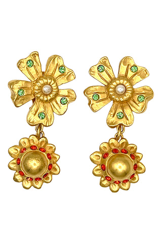 Spring 1993 Todd Oldham 24 kt Gold Plated Pearl Center Daisy And Sunflower Drop Earrings