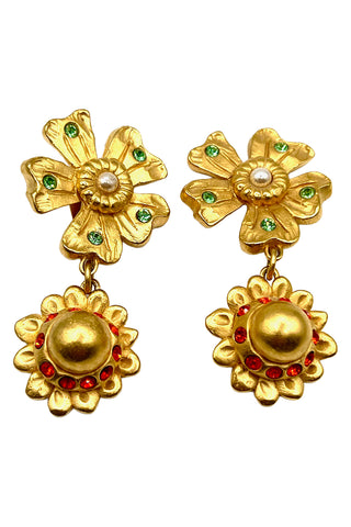 Spring 1993 Todd Oldham 24 kt Gold Plated Pearl Center Daisy And Sunflower Drop Earrings
