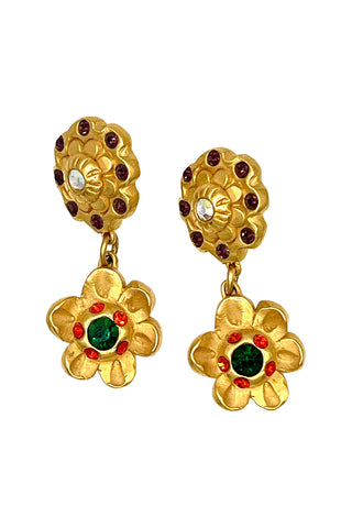 Spring 1993 Todd Oldham 24 kt Gold Plated Peony With Daisy Drop Earrings Crystal Encrusted