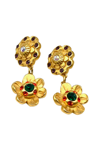 Spring 1993 Todd Oldham 24 kt Gold Plated Peony With Daisy Drop Earrings Crystal Encrusted
