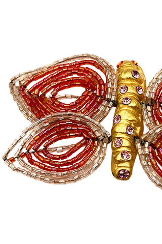 Spring 1993 Todd Oldham 24 kt Gold-Plated Red-Glass Bead Winged Butterfly Brooch