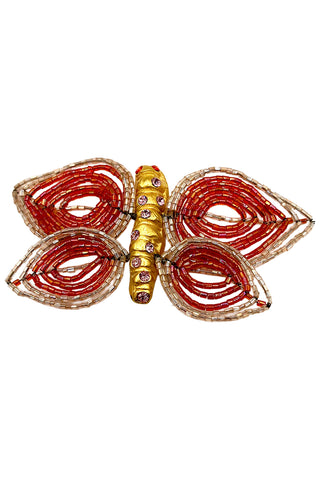 Spring 1993 Todd Oldham 24 kt Gold-Plated Red-Glass Bead Winged Butterfly Brooch