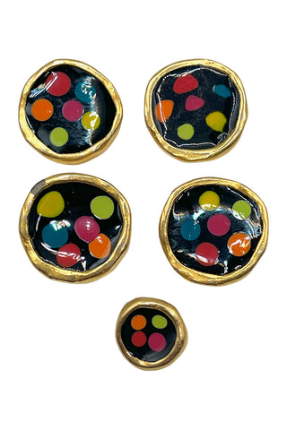 Vintage Todd Oldham Gold Plated Enameled Color Dots On Black, Set of 5