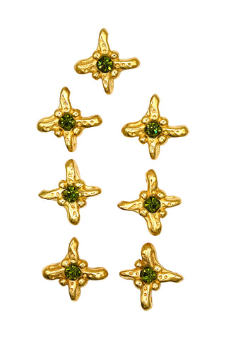1994 24kt Gold Plated Star Buttons with Green Swarovski Crystals, Set of 7