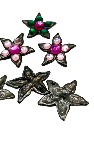 1995 Vintage Oxidized Night Flower Buttons With Swarovski Crystals, Set of 6