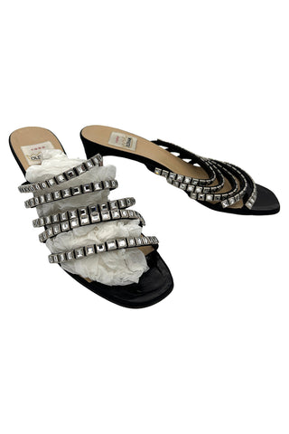 Spring 1996 Todd Oldham Black Satin Crystal Strap Sandals, Size 39